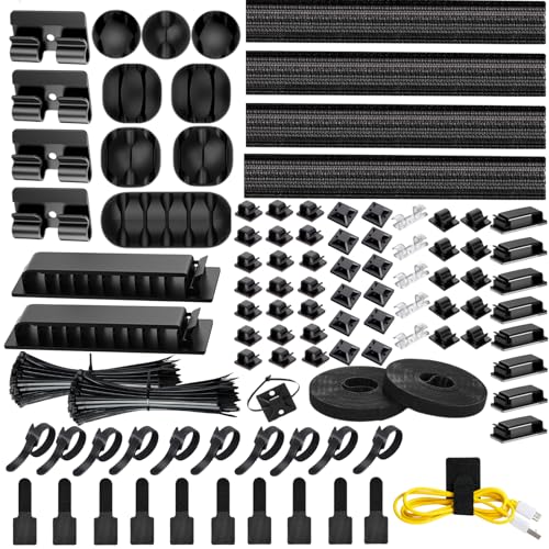 [313Pcs] Cable Management Kit, 67 Adhesive Cable Clips, Topavatop Desk Cord Organizer, 22 Reusable Cable Strap, 4 Cable Sleeve Split, 200 Nylon Cable Zip Ties with 20 Mounts for TV Office Home, Black - color: Black