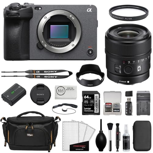 Sony FX30 Digital Cinema Camera Bundle with Sony E 15mm f/1.4 G Lens + UV Filter + 64GB Memory Card + Battery Charger + Memory Card Reader + Camera Case + Cleaning Kit + Cloth (12 Items) - size: w/ 15mm F1.4 Lens