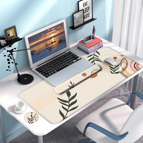 Desk Mat Set + Keyboard and Mouse Pad with Wrist Rest Support,4-in-1 Large Mousepad Computer Mats for Desktop Home & Office-Boho Leaves - color: N_Bobo Leaves