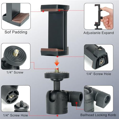 Koolehaoda Phone Tripod Mount Adapter 360 Swivel Ball Head with Hot Shoe | Universal Smartphone Clip Holder 360 Rotation 1/4 Screw for Tripod Ring Light Selfie Stick Compatible with iPhone