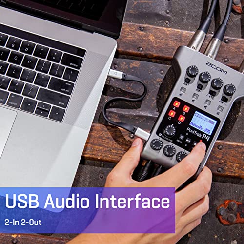 Zoom PodTrak P4 Podcast Recorder with 4 XLR Mic Inputs, 4 Headphone Outputs, Phone & USB Input for Remote Interviews, Sound Pads, 2-In/2-Out USB Audio Interface, Battery Powered