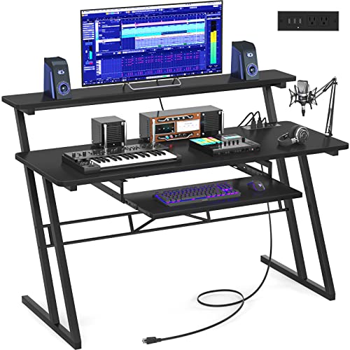 Armocity Music Studio Desk Production Workstation - Recording Studio Desk for Producer with Power Outlet, Studio Workstation for Music Recording, Home Studio Table Desk, Black - color: Black