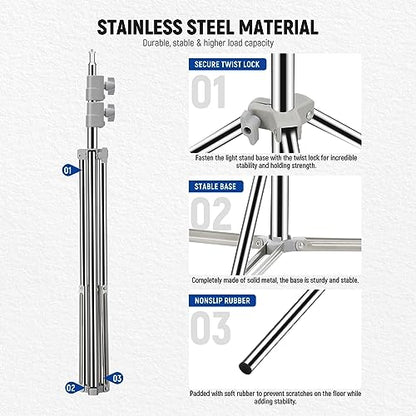 NEEWER Upgraded 75"/190cm Light Stand Stainless Steel Spring Loaded, Foldable Photography Tripod Stand with Stronger Tube Joints for Strobe Softbox LED Ring Light, Max Load 13.5lb/6.5kg, ST-190SS - style: ST-190SS