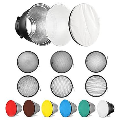 Soonpho Standard Reflector Beauty Dish Diffuser Lamp Shade 7"/ 18cm Photography with 10°/20°/30°/40°/50°/60° Degree Honeycomb Grid,6 Colors Soft Cloth for Studio Strobe Flash Light Speedlite