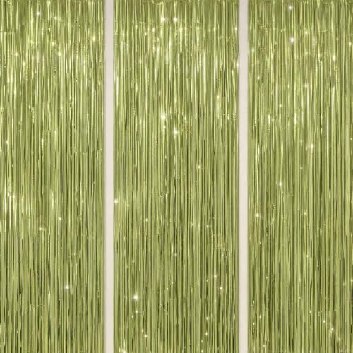 DECOCKRAT 3 Pack Foil Fringe Backdrop - Light Green Shiny Tinsel Curtains for Party Decoration/Photo Booth Props - 3.3x8.2 FT Metallic Foil Backdrop for Birthday, Wedding, Graduation, Christmas - color: Light Green