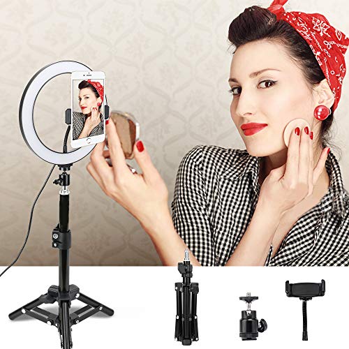 10" LED Selfie Ring Light with Tripod Stand & Cell Phone Holder for Tiktok/Live Stream/Makeup, BONFOTO Dimmable Desktop Camera Ringlight for YouTube Video/Photography Compatible with iPhone/Android
