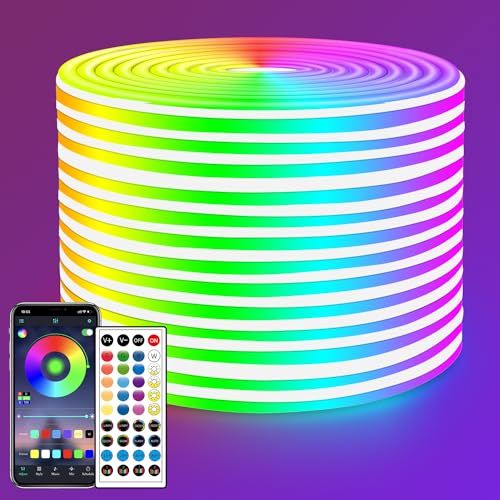 LED Neon Rope Lights 50FT,IP65 Waterproof LED Strip Lights,Music Sync LED Lights with Remote and APP Control, 24V RGB LED Rope Lights for Bedroom,Holiday Decoration（with Snap &Screws） - size: 50FT