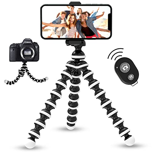 TALK WORKS Flexible Tripod for iPhone, Android, Camera - Bendable Legs, Adjustable Stand Holder with Mini Wireless Remote for Selfies, Vlogging, Beauty/Makeup, Live Streaming/Recording - Black - color: Black/White