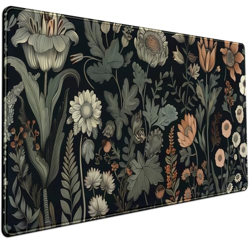 Aesthetic Vintage Dark Flower Plants Wildflowers Large Gaming Mousepad XXL Keyboard Mouse Mat Full Desktop Mat Women Desk Cover Mat for Work Office Home 31.5x15.8 in - color: Vintage Plants