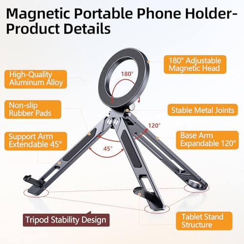 Magnetic Phone Tripod Stand for iPhone iPad, Aluminium Portable Phone Tablet Holder with Carabiner Smartphone Mini Tripod Stand Strong Magnet Compatible with iPhone 17 16 15 14 13 12 iPad Series