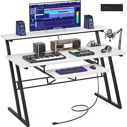 Armocity Music Studio Desk Production Workstation - Recording Studio Desk for Producer with Power Outlet, Studio Workstation for Music Recording, Home Studio Table Desk, White - color: White (Black Legs)