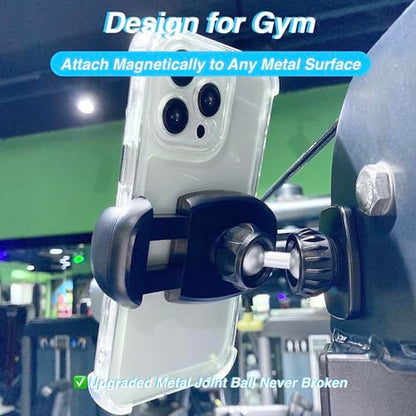 Gym Magnetic Phone Holder Mount Attach to Metal Surface, [Big Phones & Thick Cases Friendly] Magnetic Phone Holder for Gym Workout Record Compatible with All Smartphones