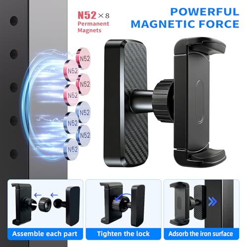 Magnetic Phone Holder for Gym- 360° Adjustable Strong Magnet Phone Mount for Video Recording, Compatible with iPhone, Android, All Smartphones, Gym Accessories for Men& Women