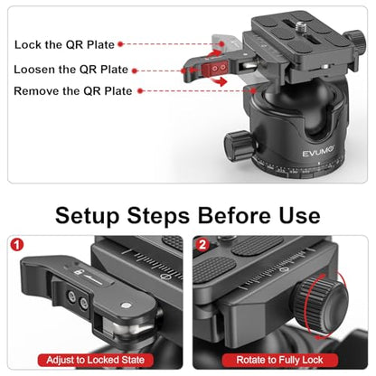 EVUMO EX46L Lever Tripod Ball Head with Stainless Steel Lock Pin, 46mm Low Profile Ball Head Mount with Arca Swiss Quick Release Plate, Compatible with Tripod Monopod DSLR Camera Camcorder Telescope