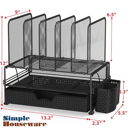Simple Houseware Mesh Desk Organizer with Sliding Drawer, Double Tray and 5 Upright Sections, Black - color: Black