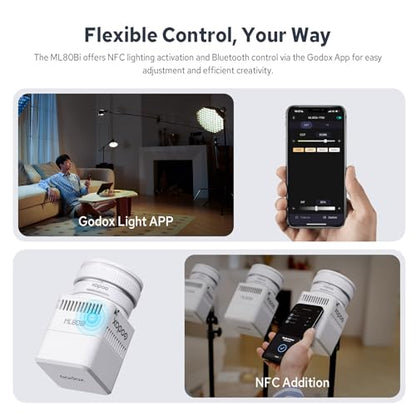Godox ML80Bi COB Video Light w/95Wh Detachable Battery, Brighter Bi-Color Led Video Light 29600lux@5600K 1m, CRI 96, 2800K-6500K,11FX, Dimming 0%~100%, Portable Continuous Output Lighting Photography - color: ML80Bi