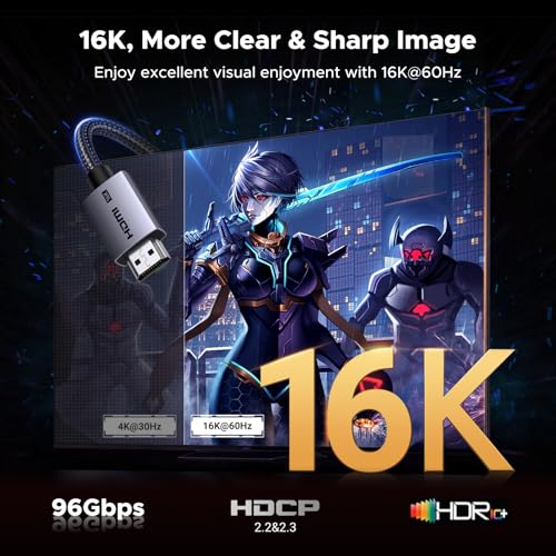 UGREEN 16K HDMI 2.2 Cable 96Gbps 6.6FT, Ultra High Speed HDMI Cord Aluminum, 4K@480Hz 12K@120Hz 8K@240Hz, HDCP 2.2&2.3, Lip eARC HDR 10 Compatible with PS5/Blu-ray/Roku TV/Switch 2/Mac mini M4