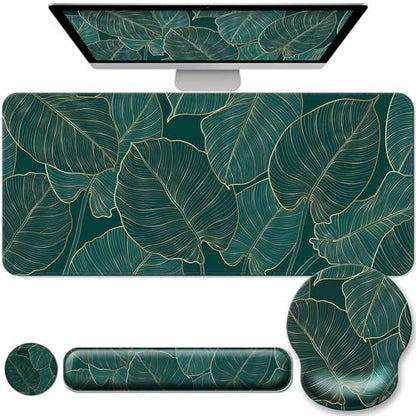 Desk Mat Set + Keyboard and Mouse Pad with Wrist Rest Support,4-in-1 Large Mousepad Computer Mats for Desktop Home & Office-Green Leaves - color: M-Green Leaves
