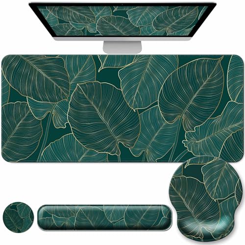Desk Mat Set + Keyboard and Mouse Pad with Wrist Rest Support,4-in-1 Large Mousepad Computer Mats for Desktop Home & Office-Green Leaves - color: M-Green Leaves