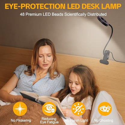 Foneso Desk Lamp Clip on Light, 48 LED USB Lamp with 3 Color Modes 10 Brightness Levels, 360° Flexible Gooseneck Eye Protection Bed Night Light for Reading, Makeup, Craft (Black) - size: 1 Pack
