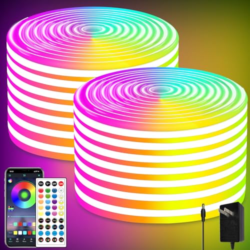 100FT RGB LED Neon Rope Lights,LED Neon Lights with Remote/APP Control,24V IP65 Waterproof Flexible Neon LED Strip Lights for Bedroom Room DIY Decoration（2 Rolls of 50ft with Snap &Screws） - size: 100FT