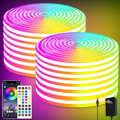 100FT RGB LED Neon Rope Lights,LED Neon Lights with Remote/APP Control,24V IP65 Waterproof Flexible Neon LED Strip Lights for Bedroom Room DIY Decoration（2 Rolls of 50ft with Snap &Screws） - size: 100FT