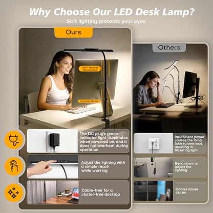LED Desk Lamp for Office Home, Stepless Dimming Architect Desk Light with DC Adapter, Eye-Caring Desk Lamp with Clamp, 25 Lighting Modes Adjustable 12.8in Flexible Gooseneck for Workbench(Black) - color: Black