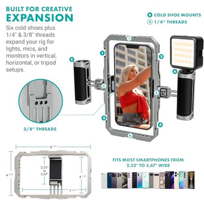 Movo iFilmer-PRO Smartphone Video Rig Kit – Stabilizer Cage with Dual Grips, Wireless Lavalier Microphones & Full Sized Tripod for iPhone/Android