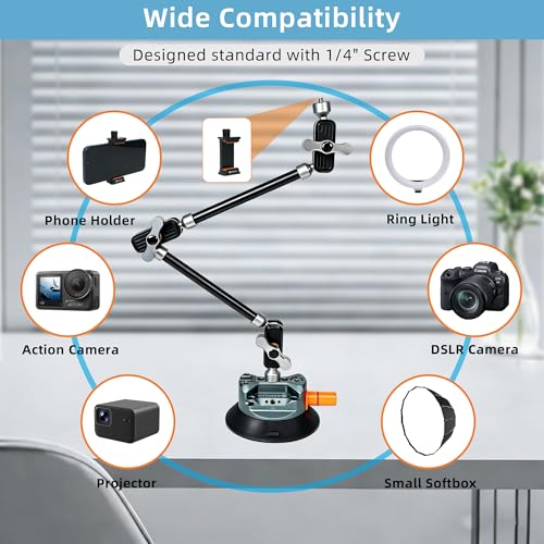 GEEKOTO 4.5” Suction Cup Mount with 22" Magic Arm,Camera Suction Cup Mount on Car Windshield/Dash/Window for iPhone/Action Camera/Content Creation/Live Streaming/Vlog - style: Suction Cup&Phone Clip