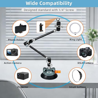 GEEKOTO 4.5” Suction Cup Mount with 22" Magic Arm,Camera Suction Cup Mount on Car Windshield/Dash/Window for iPhone/Action Camera/Content Creation/Live Streaming/Vlog - style: Suction Cup&Phone Clip