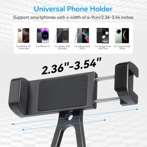 UTEBIT Universal Phone Tripod Mount with Cold Shoe Mount, 1/4" Thread 180° Tilt 360° Rotation Support Vertical and Horizontal, Adjustable Phone Clamp Holder for iPhone 17 16 15 14, for Samsung Galaxy