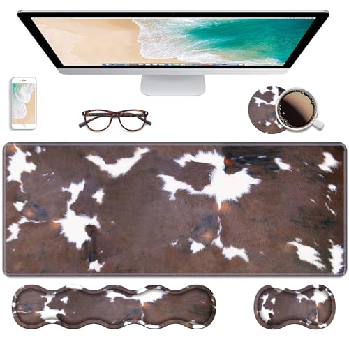 Ergonomic Keyboard Wrist Rest & Mouse Pad Wrist Rest Set, Large XXL Gaming Desk Mat 31.5"x 11.8" with Non-Slip Base, Memory Foam, Easy Typing Pain Relief for Home & Office, Brown Cow Print - color: Brown Cow Print