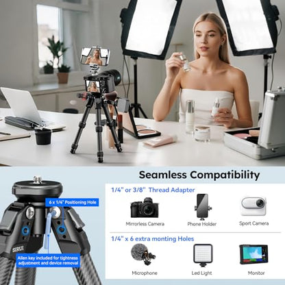 SIRUI Carbon Fiber Mini Tripod with Bowl Base, 33lbs Max Load, Ultra-Lightweight 1.63lbs, 8.82in Folded, 360° Panorama & ±15° Tilt for Camera/Phone/Vlogging（AM-223LS） - style: Bowl Base Tripod
