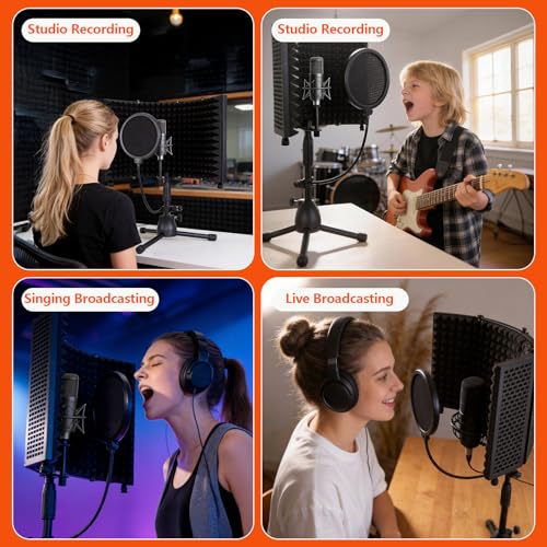 Desktop Microphone Isolation Shield with Tripod Stand Curved Panel, Foldable Microphone Sound Shield, Studio Mic Sound Absorbing Foam Reflector for Studio Recording - size: Standard