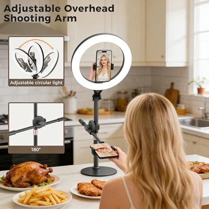 11" Desk Ring Light,Wireless Bluetooth Ring Light with Stand & Phone Holder,Overhead Phone Mount for Video Recording,Tripod for Cooking Videos,Webcam Lamp/TikTok/YouTube,Compatible with iPhone Camera