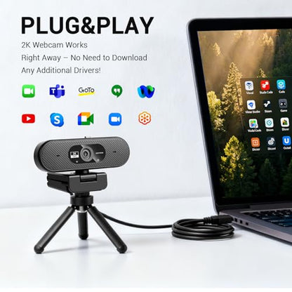 Hprosper 2K Webcam with Microphone, Automatic Light Correction & Privacy Cover, Wide Angle USB Camera for PC, Laptop, Mac, Zoom, Gaming, Streaming, Conference Room, Video Conferencing