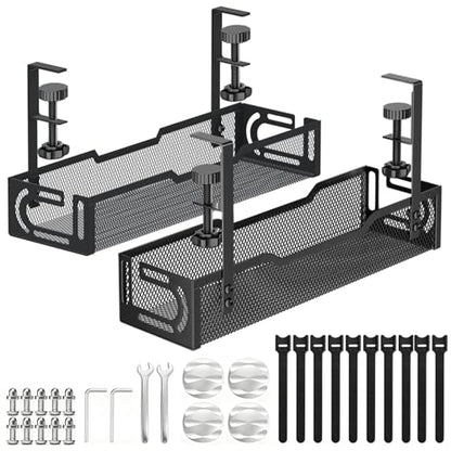 2Pack Under Desk Cable Management Tray, No Drill Mesh Desk Cable Tray, Wire Management Tray Cable Management Rack, Wire Organizer and Cable Management Box (Black) - color: 2Pack-Black (15.3''+15.7'')