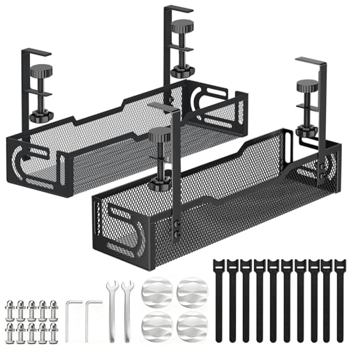 2Pack Under Desk Cable Management Tray, No Drill Mesh Desk Cable Tray, Wire Management Tray Cable Management Rack, Wire Organizer and Cable Management Box (Black) - color: 2Pack-Black (15.3''+15.7'')