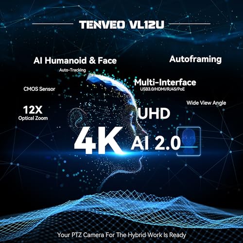 Tenveo 4K PTZ Camera, AI Humanoid & Face Auto-Tracking, 12X Optical Zoom Wide Angle, USB3.0/HDMI/LAN PoE IP Live Streaming for Church Video Conference Broadcast Zoom Teams YouTube OBS - color: Matte Silver