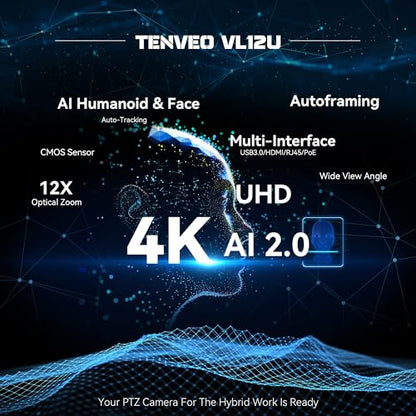 Tenveo 4K PTZ Camera, AI Humanoid & Face Auto-Tracking, 12X Optical Zoom Wide Angle, USB3.0/HDMI/LAN PoE IP Live Streaming for Church Video Conference Broadcast Zoom Teams YouTube OBS - color: Matte Silver