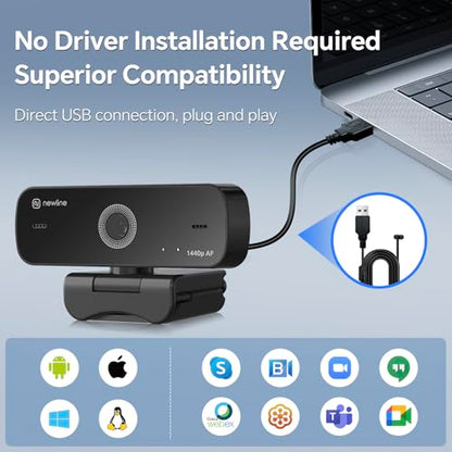 2.5K Webcam for PC, Auto Focus, Privacy Cover, Tripod Stand, Professional Webcam with Microphone for Conferencing and Streaming