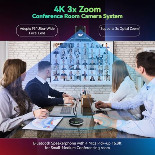 4K Conference Room Camera System AI Auto-Tracking 4K PTZ Camera 3X Optical Zoom 93° Wide Angle USB3.0 HDMI Output and Wireless Bluetooth Speakerphone with Mics for Conferencing Worship Church Medical - color: Jet