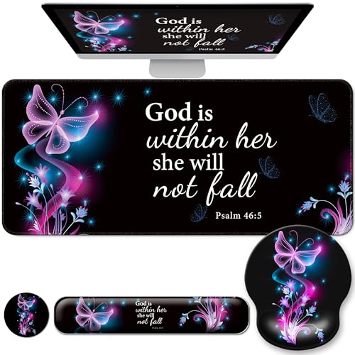 Desk Mat Set + Keyboard and Mouse Pad with Wrist Rest Support,4-in-1 Large Mousepad Computer Mats for Desktop Home & Office-Purple Butterflies - color: D1-Purple Butterflies