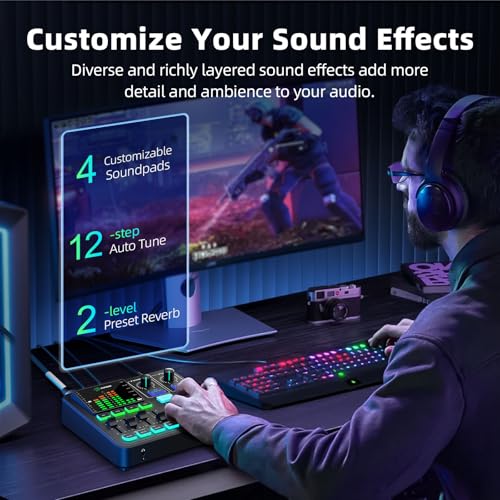 PUPGSIS Gaming Audio Mixer, Audio Interface for PC/Podcast/Streaming, Sound Board with 3.5mm/XLR Mic Input, 48V Phantom Power, Voice Changer, Live Sound Card with DJ Mixer Effects/Bluetooth/4 Channel - color: Black