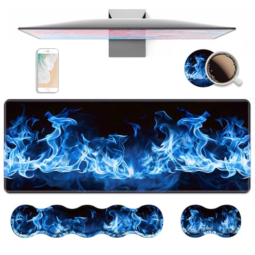 4 in 1 Ergonomic Keyboard Wrist Rest & Mouse Pad Wrist Rest Set, Large XXL Gaming Desk Mat 31.5"x 11.8" with Non-Slip Base, Memory Foam for Home Office Study Gaming, Blue Flame - color: Blue Flame