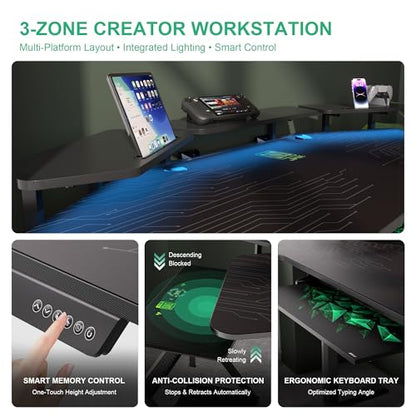 JWX Dual Motor Standing Gaming Desk with Aluminum Alloy Led Lights, 72'' Wing Shaped Large Gaming Studio Music Desk with Slot Design Shelves, for Streamer, Social Media Influencer & Music Recording - size: Wing Shaped-Black