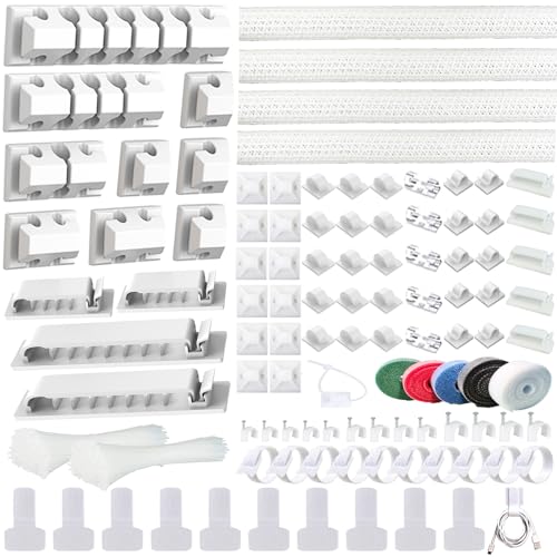 ELII 327PCS White Cable Management Kit 4 Cable Cable Sleeves 65 Cable Clips | 13Cord Holders,25Roll Cable Organizer Straps,200 Fastening Cable Ties,20 Cable Zip Tie Mounts for Computer 5 Self Cable Tie - color: White