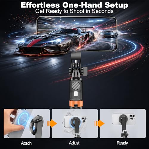 Magnetic Selfie Stick Tripod with 1/4" Camera Mount, Dual Device Phone & Camera Setup, Portable Content Creator Stand with Remote Control Phone Tripod for TikTok Live Streaming Travel Video Recording