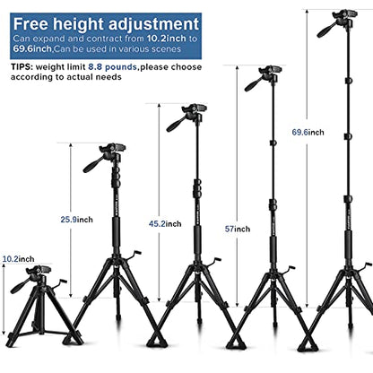 Camera Tripod 69 Inch, Patented 3-Way Swivel Portable Phone Tripod Professional Aluminum Alloy Travel Phone Camera Stand Monopod for Canon Nikon GoPro DSLR, DV Video Camcorder, Smartphone Black - size: 69 inch