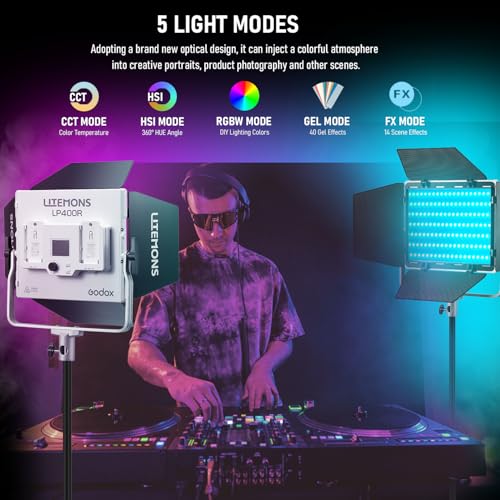 Godox LP400 RGB LED Panel with App Control, 36W Photography LED Video Light/360° RGB/1800K-10000K/CRI 96+/TLCI 96+/ 14 FX Modes for Game Streaming YouTube Photography (1 Pack) - color: 1 Pack